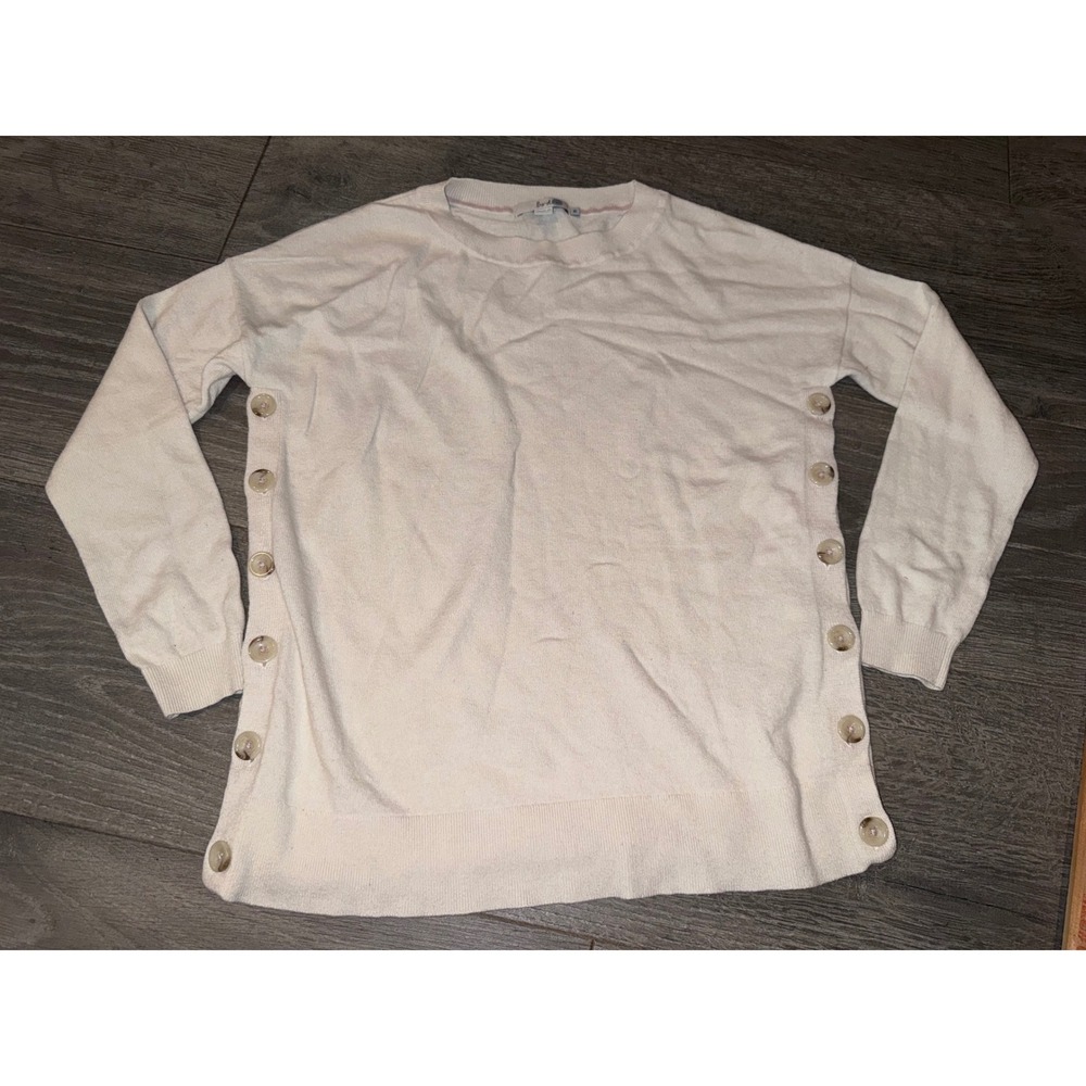 Boden Womens Cream Ivory Side Button Crew Neck wool cashmere Knit Sweater Size M - Picture 2 of 7